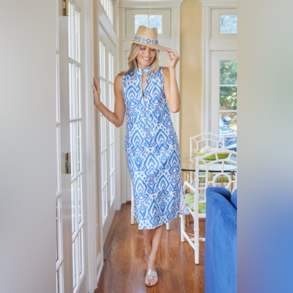 Sail to Sable- Ikat Print Button Front Sleeveless Midi Tunic, Size L.